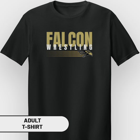 Black adult t-shirt with "Falcon Wrestling" text and eagle graphic.