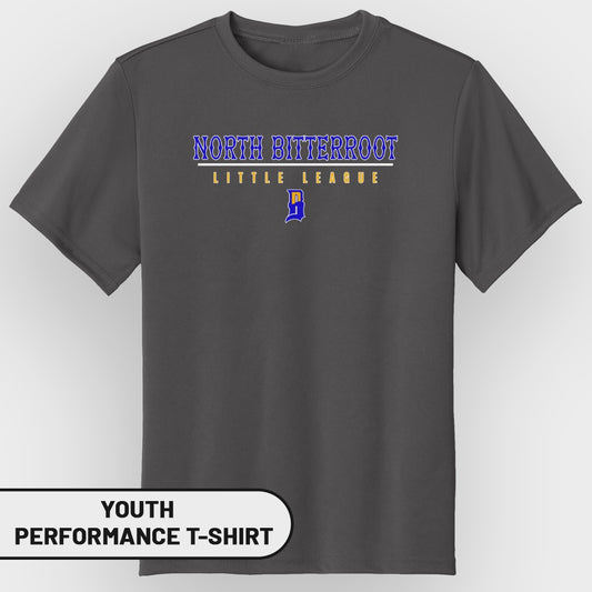 Youth performance t-shirt with North Bitterroot Little League logo.