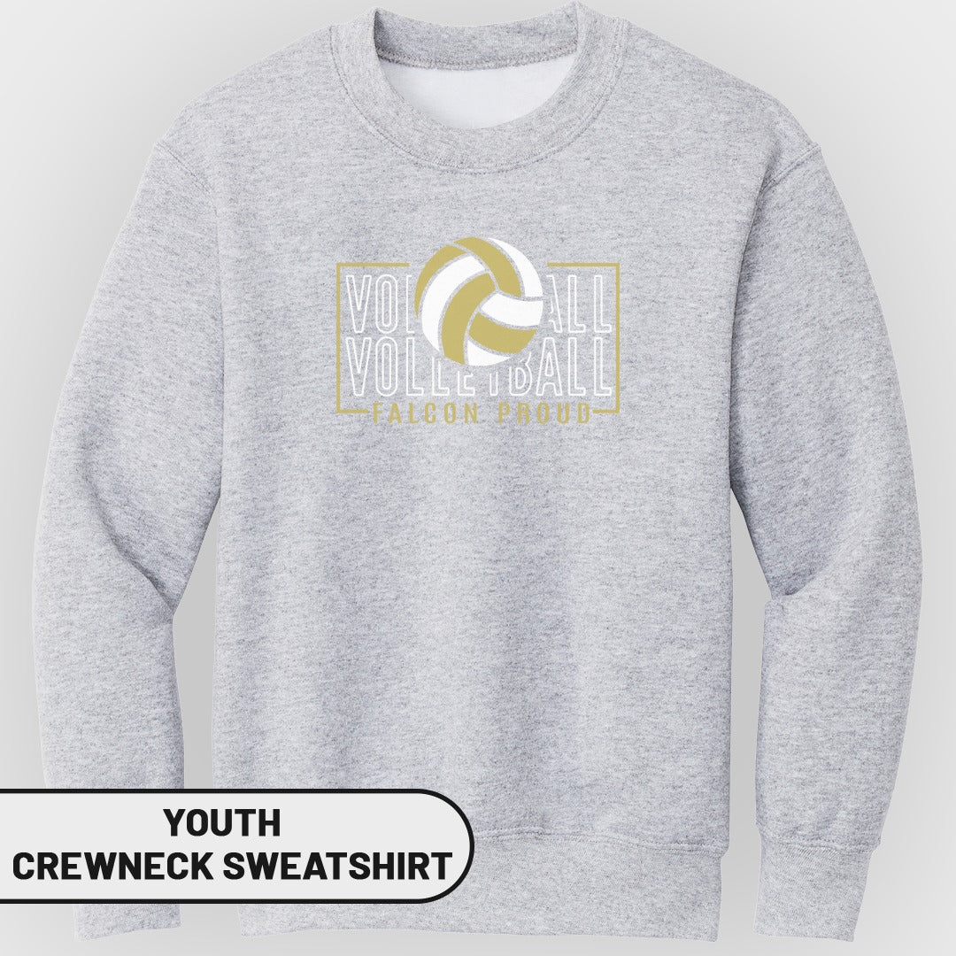 Light gray youth crewneck sweatshirt with "VOLLEYBALL" graphic and volleyball.