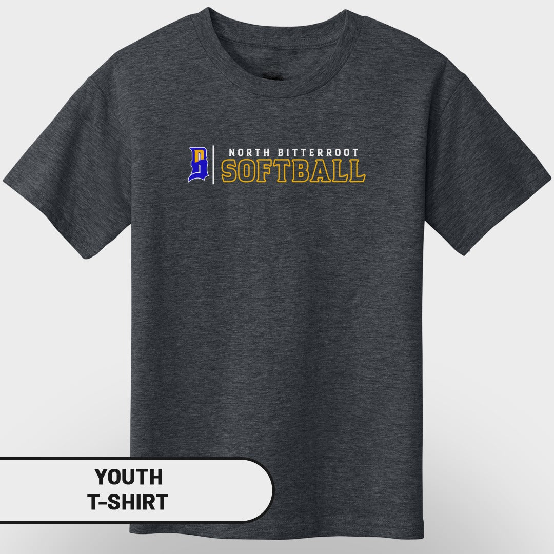 Youth t-shirt with "North Bitterroot Softball" text and blue and gold graphic.
