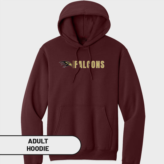 Maroon adult hoodie with gold "FALCONS" text and falcon logo.