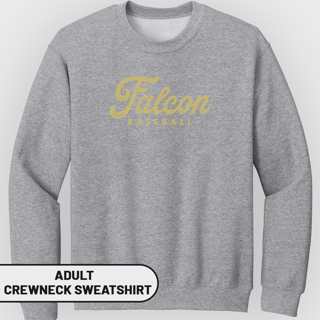 Adult grey crewneck sweatshirt with distressed yellow "Falcon Baseball" graphic.