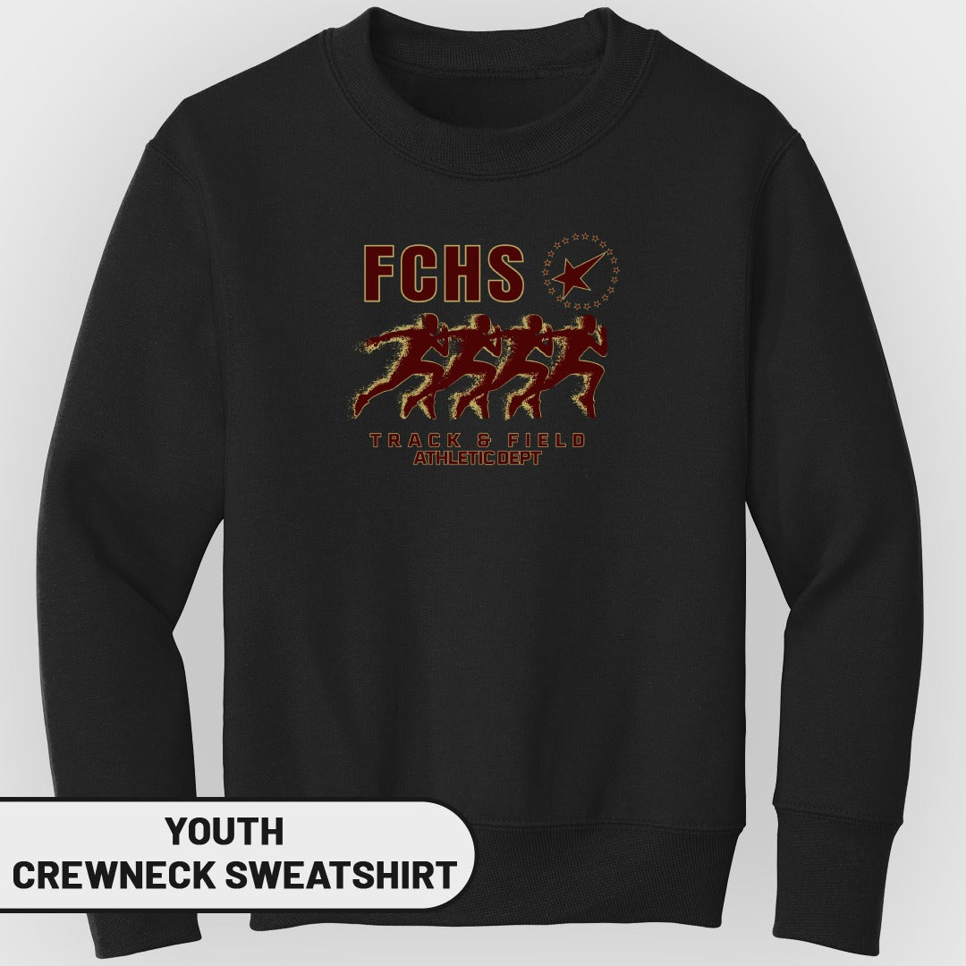 Black youth crewneck sweatshirt with "FCHS Track & Field Athletic Dept" design.