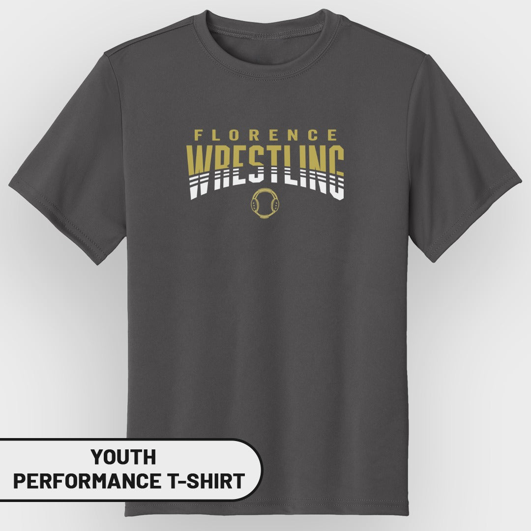 Youth performance t-shirt with "Florence Wrestling" gold and white text.