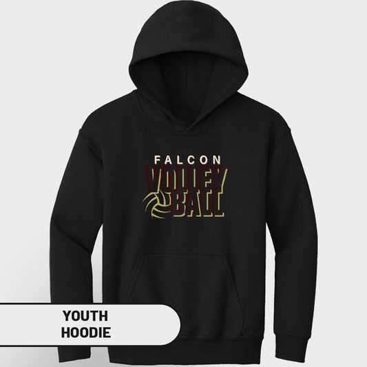 Black youth hoodie with "FALCON VOLLEY BALL" text and volleyball graphic.