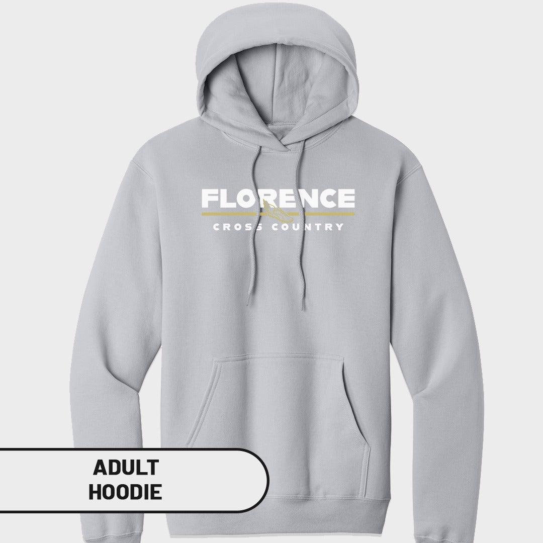 Grey adult hoodie with "Florence Cross Country" text and graphic.