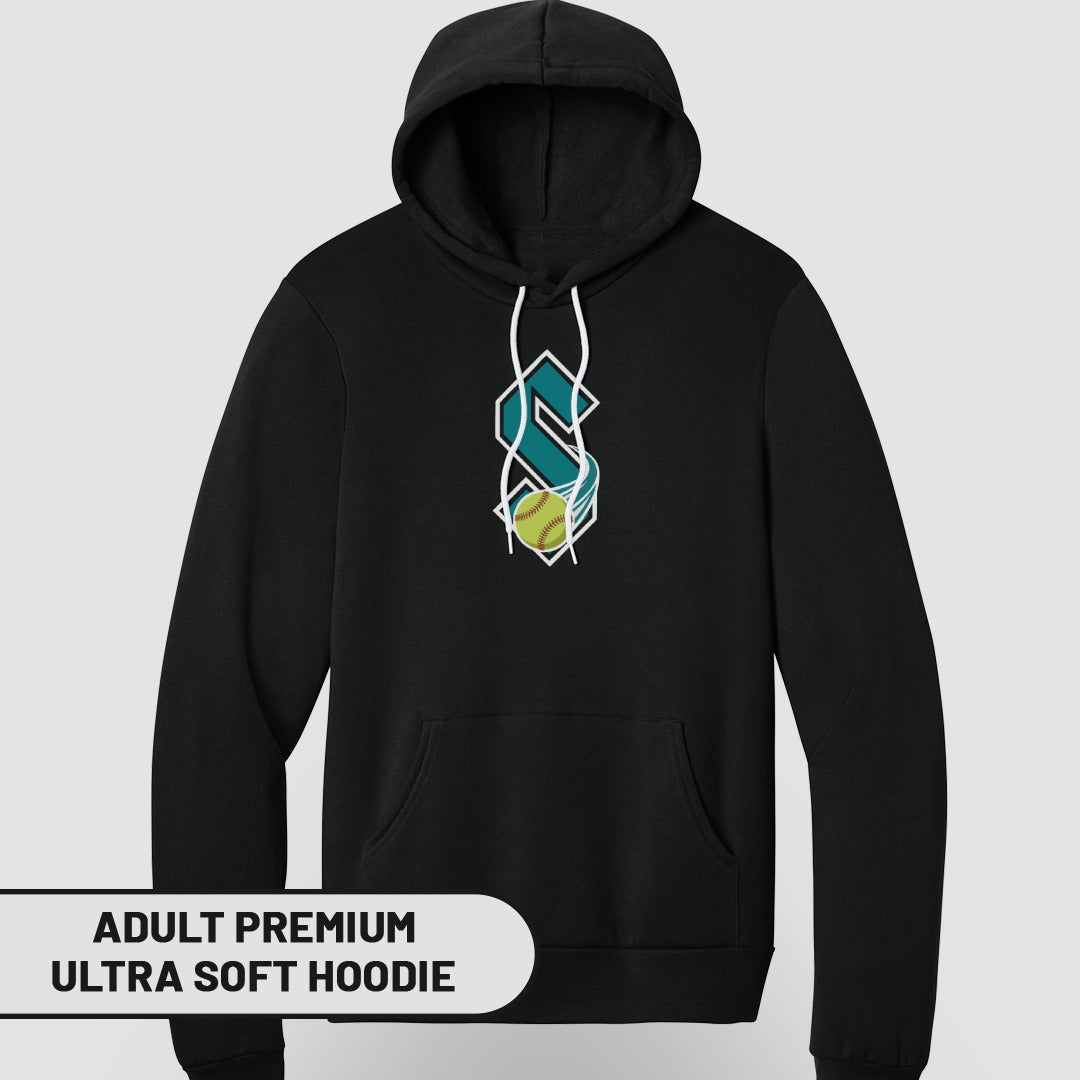 Black hoodie with a stylized softball logo on the chest.