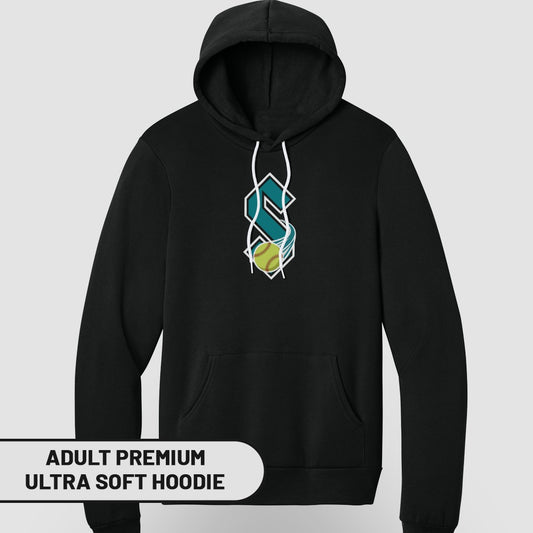 Black hoodie with a stylized softball logo on the chest.