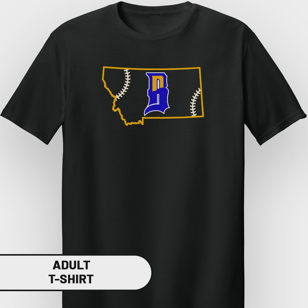Black t-shirt with outline of Montana containing a blue baseball player silhouette.