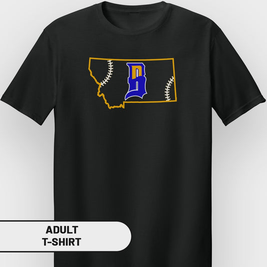 Black t-shirt with outline of Montana containing a blue baseball player silhouette.