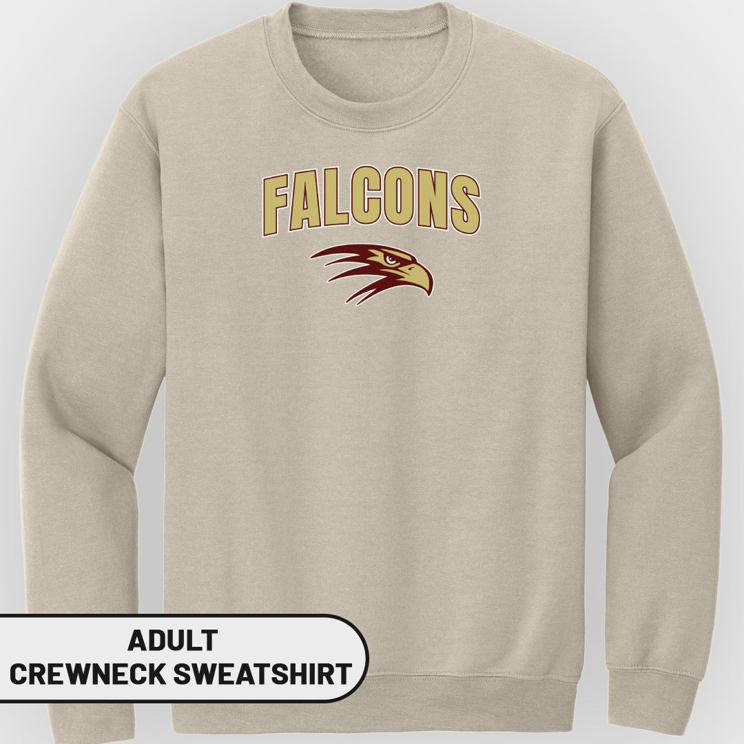 Adult crewneck sweatshirt with "FALCONS" text and eagle graphic.