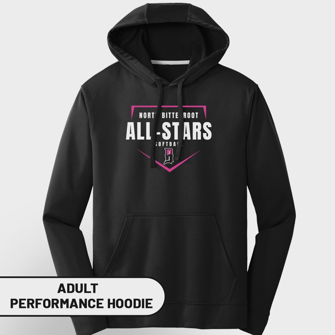 Black adult performance hoodie with "North Bitterroot All-Stars Softball" graphic.