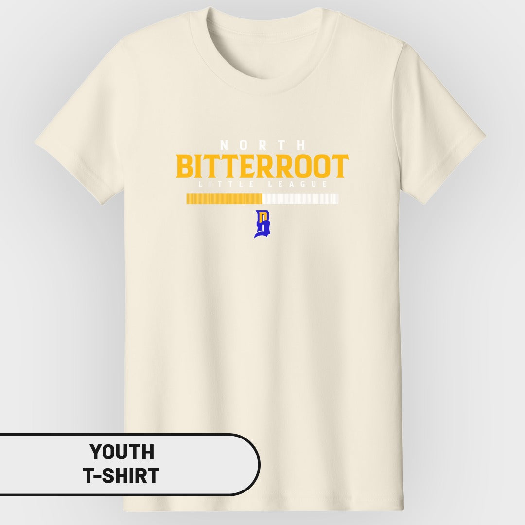 Cream youth t-shirt with "NORTH BITTERROOT LITTLE LEAGUE" and blue "B" logo.