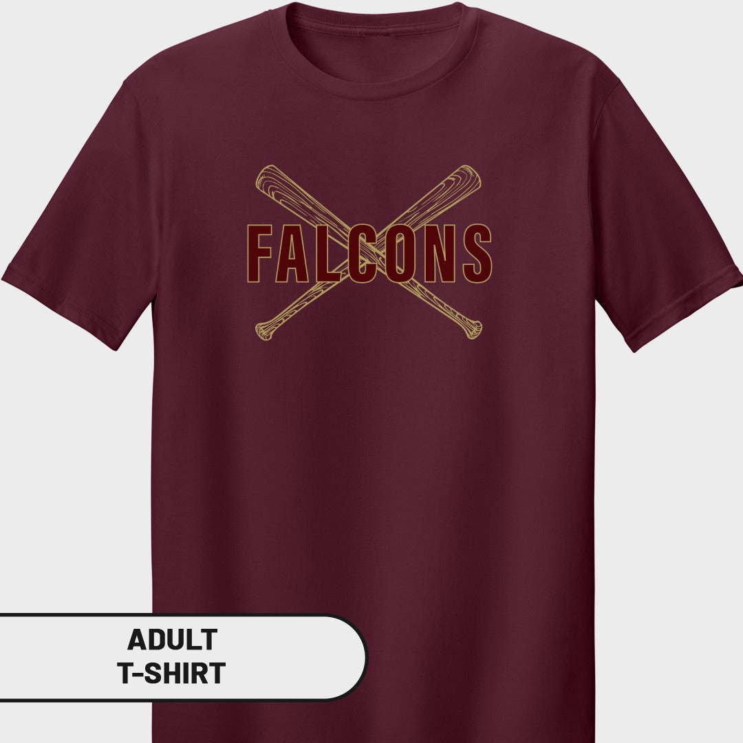 Maroon t-shirt with crossed baseball bats and the word FALCONS in red and gold.