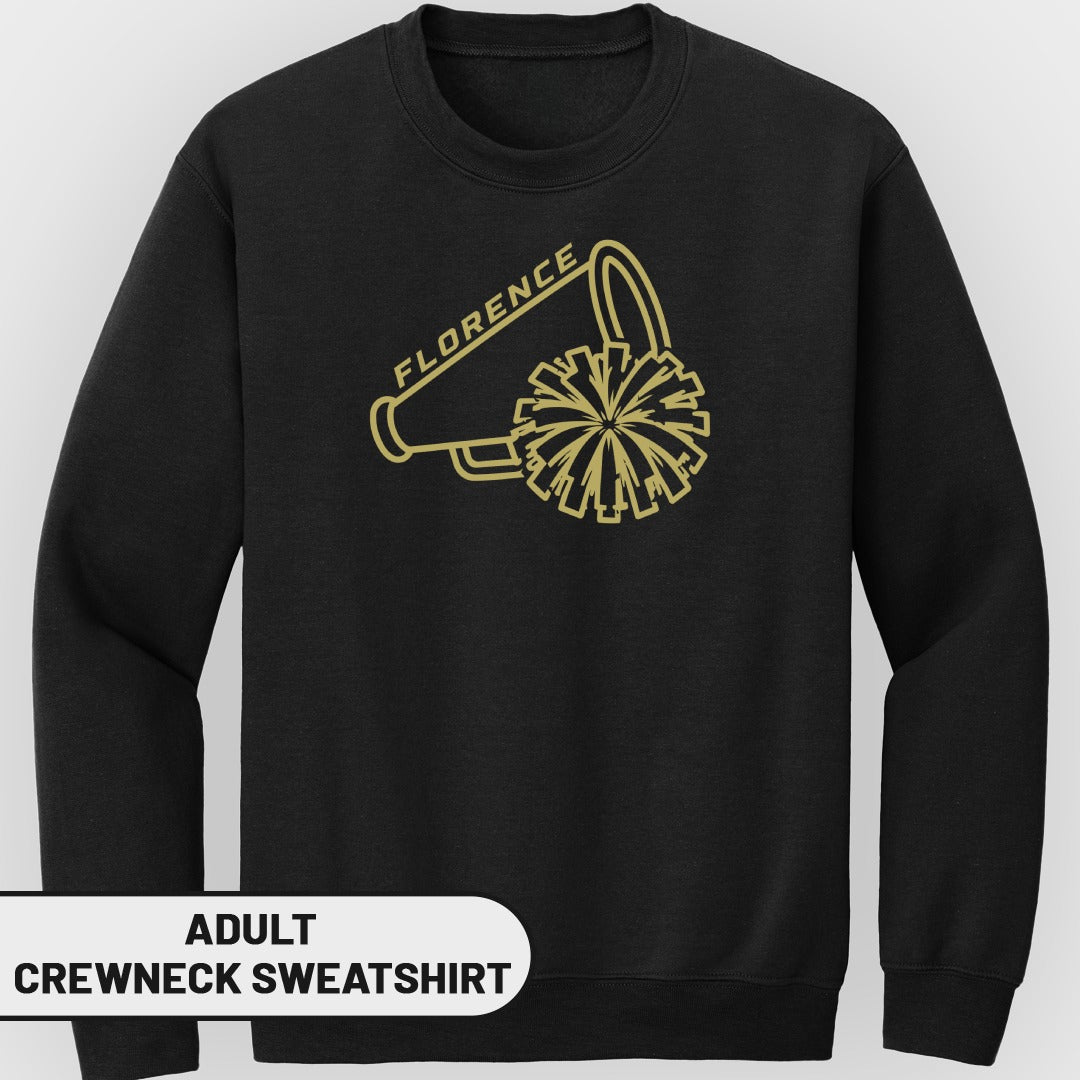 Black adult crewneck sweatshirt with gold Florence megaphone and pom pom graphic.
