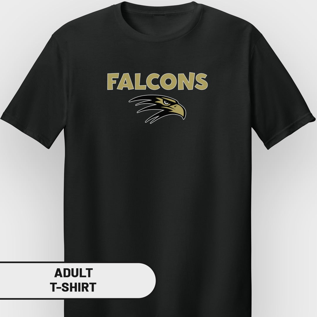 Black adult t-shirt with gold "FALCONS" text and an eagle head logo.