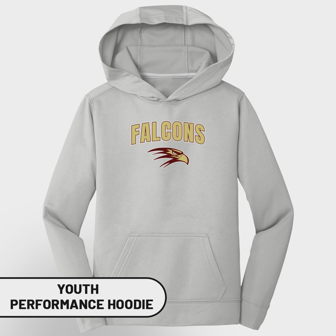 Youth performance hoodie in light gray with "Falcons" text and falcon graphic.