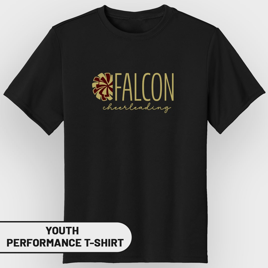 Black youth performance t-shirt with gold "FALCON cheerleading" graphic.