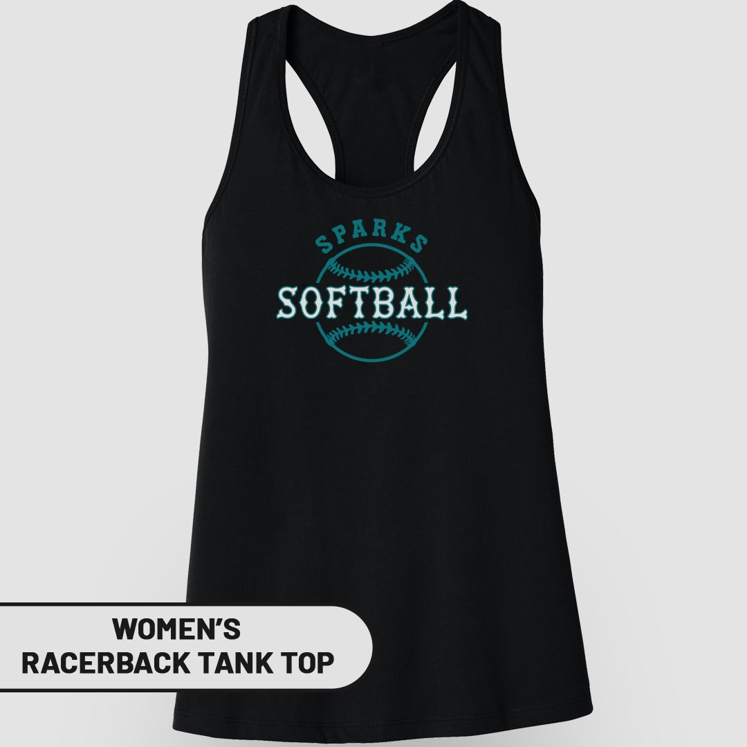 Black women's racerback tank top with "Sparks Softball" and baseball graphic.