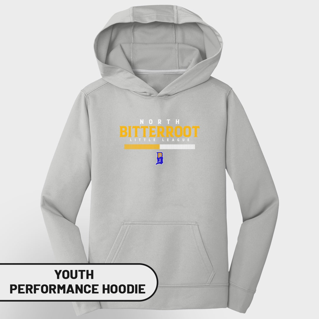 Gray youth performance hoodie with North Little League logo.