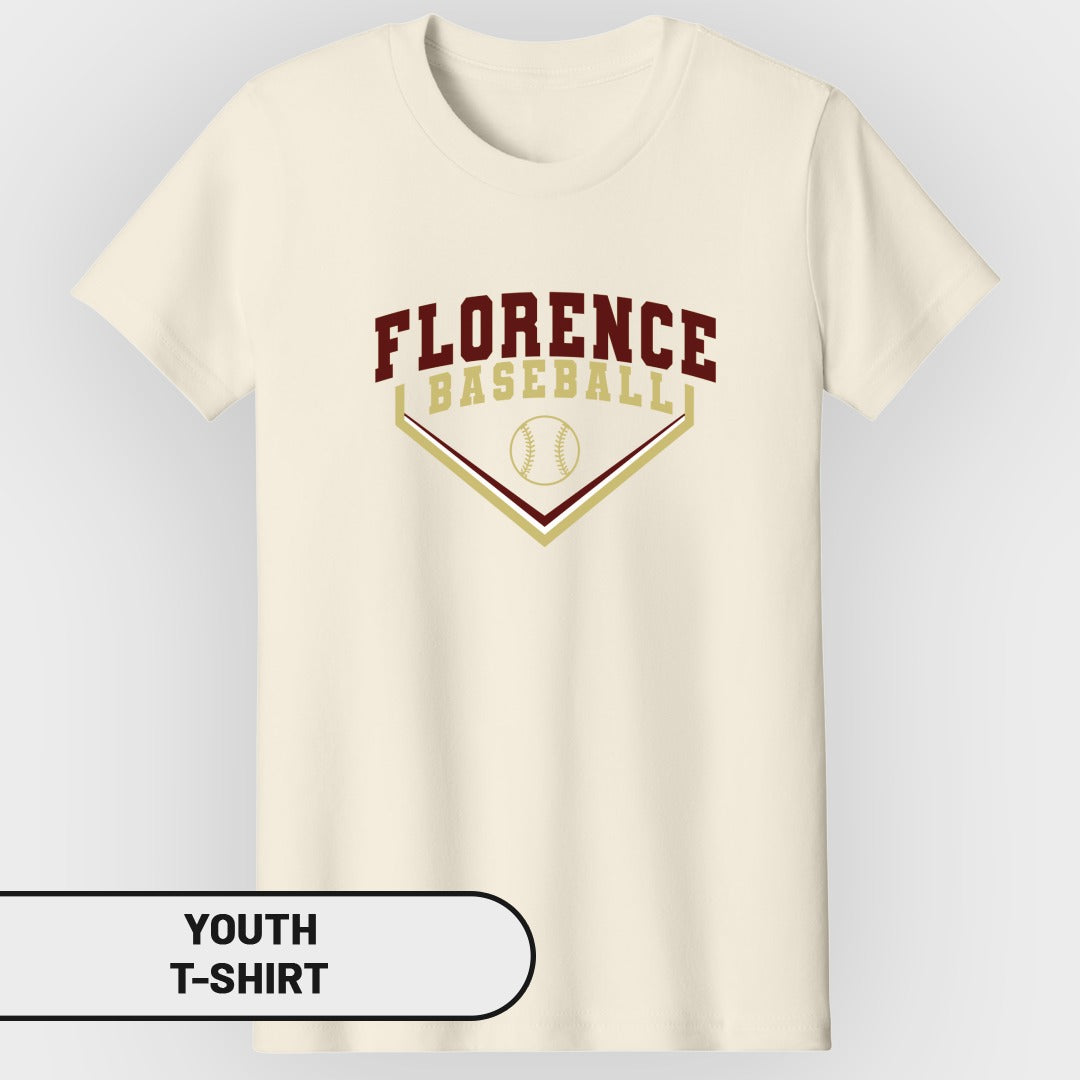 Cream youth t-shirt with "Florence Baseball" and baseball graphic.