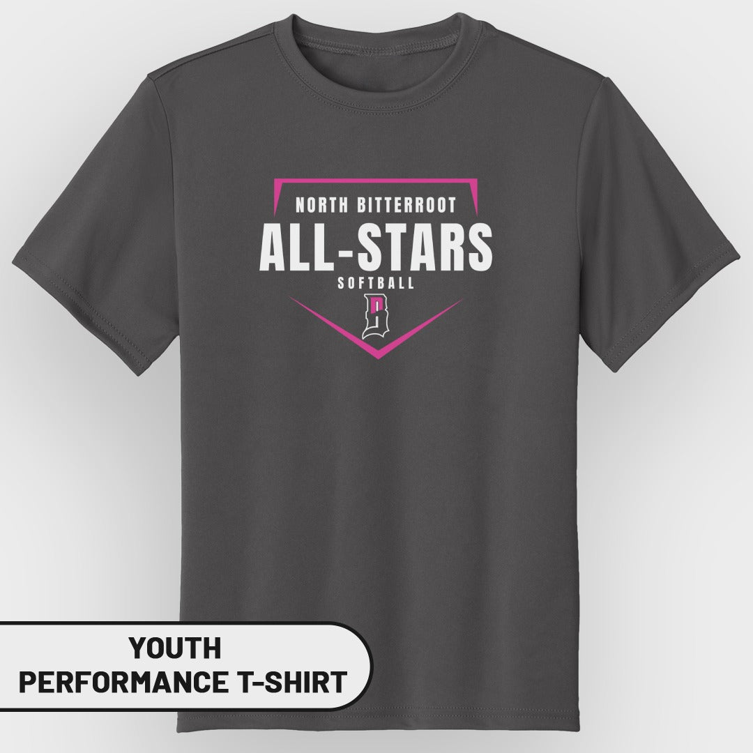 Youth North Bitterroot All-Stars softball performance t-shirt.