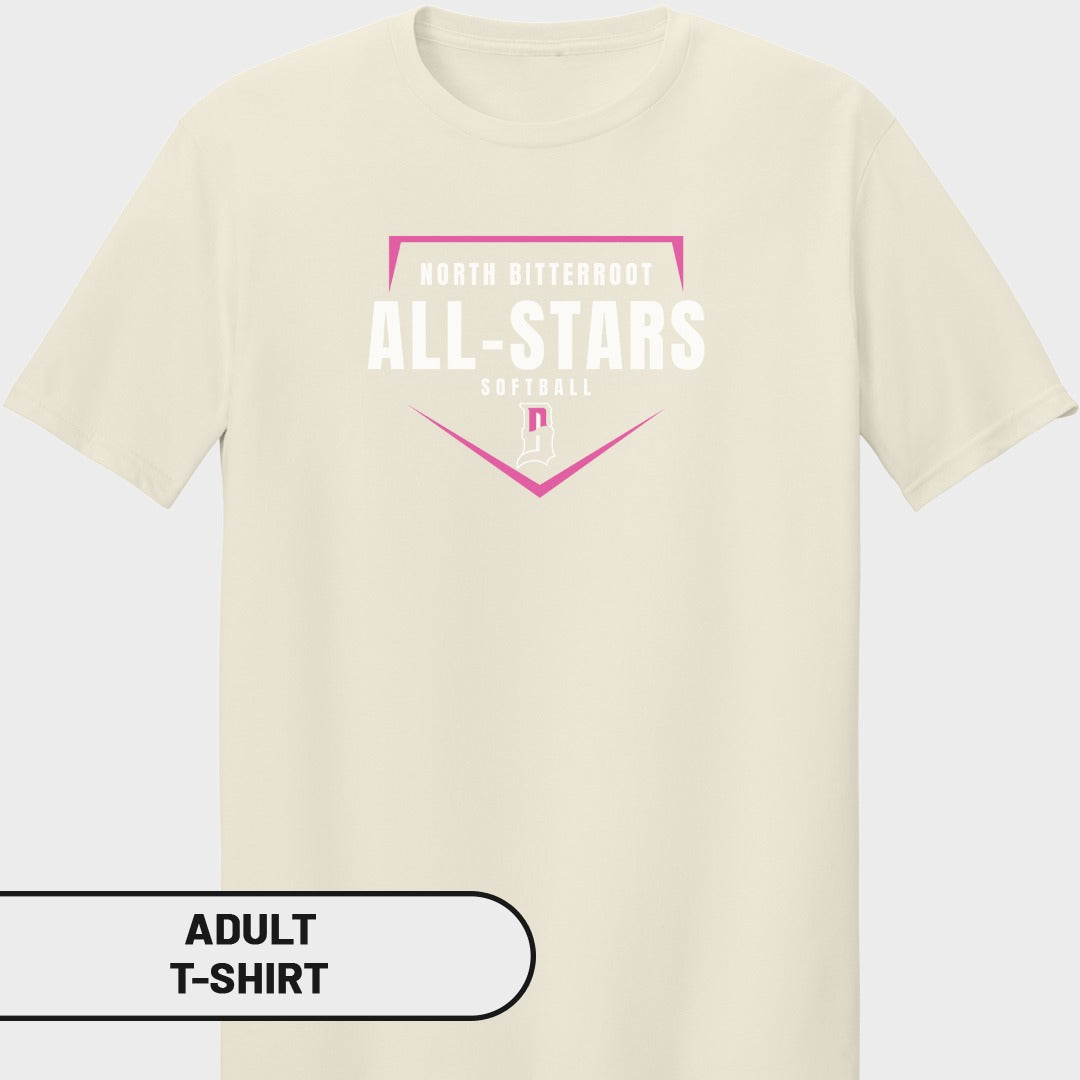 Adult cream t-shirt with North Bitterroot All-Stars softball logo.