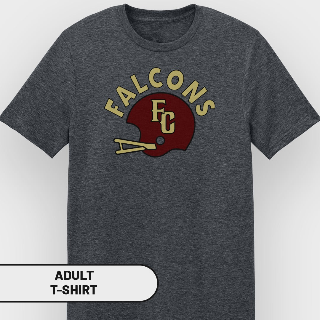 Adult t-shirt with burgundy Falcons helmet and "F C" logo.