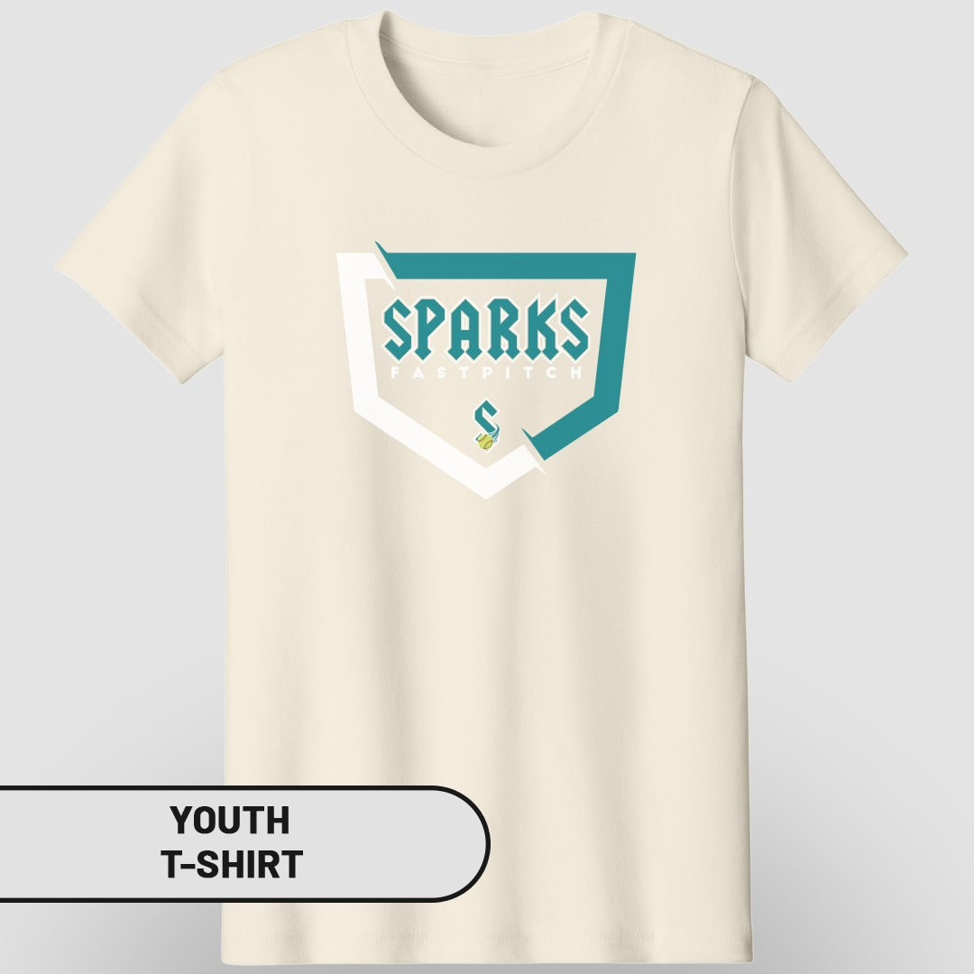 Cream youth t-shirt with "Sparks Fastpitch" logo.