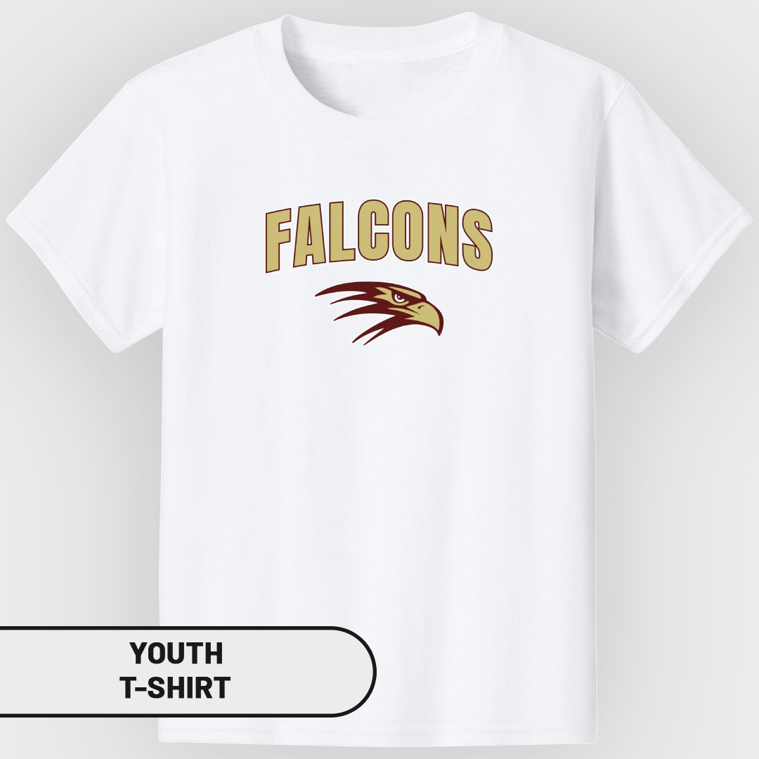 White youth t-shirt with "FALCONS" text and a stylized falcon head logo.