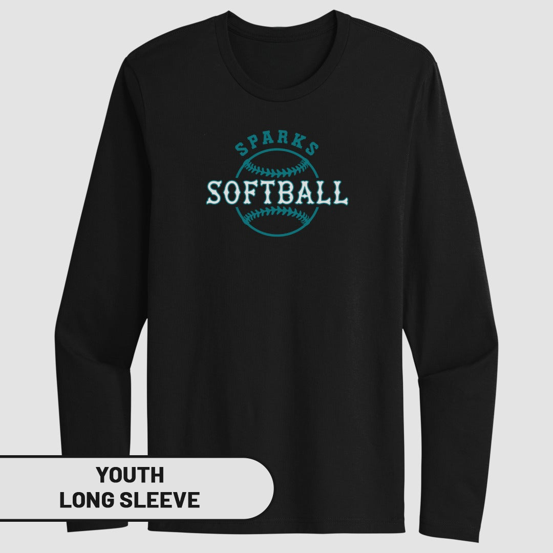 Black youth long sleeve shirt with "Sparks Softball" in teal text.