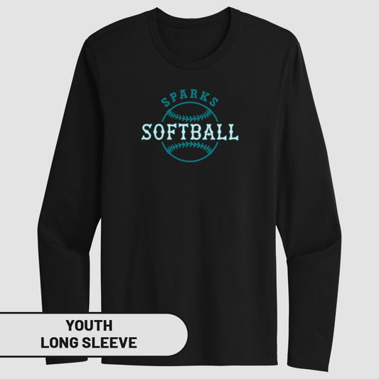 Black youth long sleeve shirt with "Sparks Softball" in teal text.