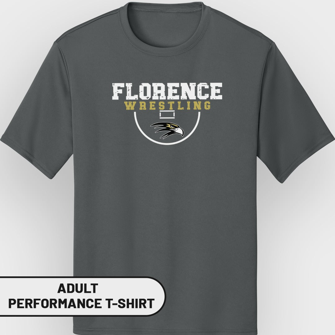 Dark grey adult performance t-shirt with "FLORENCE WRESTLING" and eagle logo.