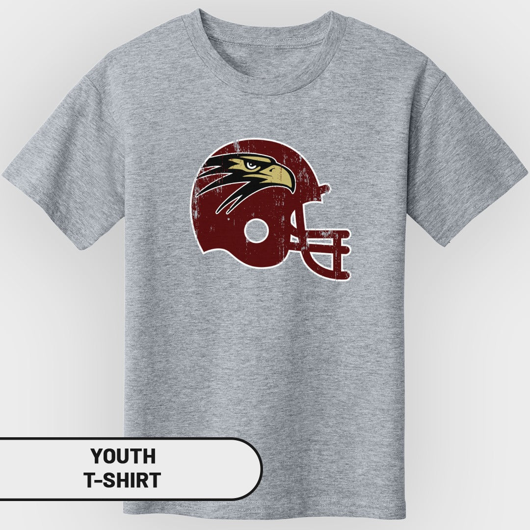 Grey youth t-shirt with a distressed maroon football helmet featuring an eagle graphic.