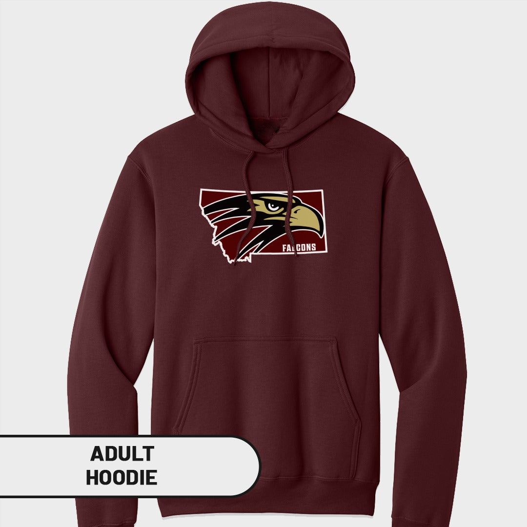 Maroon adult hoodie with a Falcon logo on the left chest.