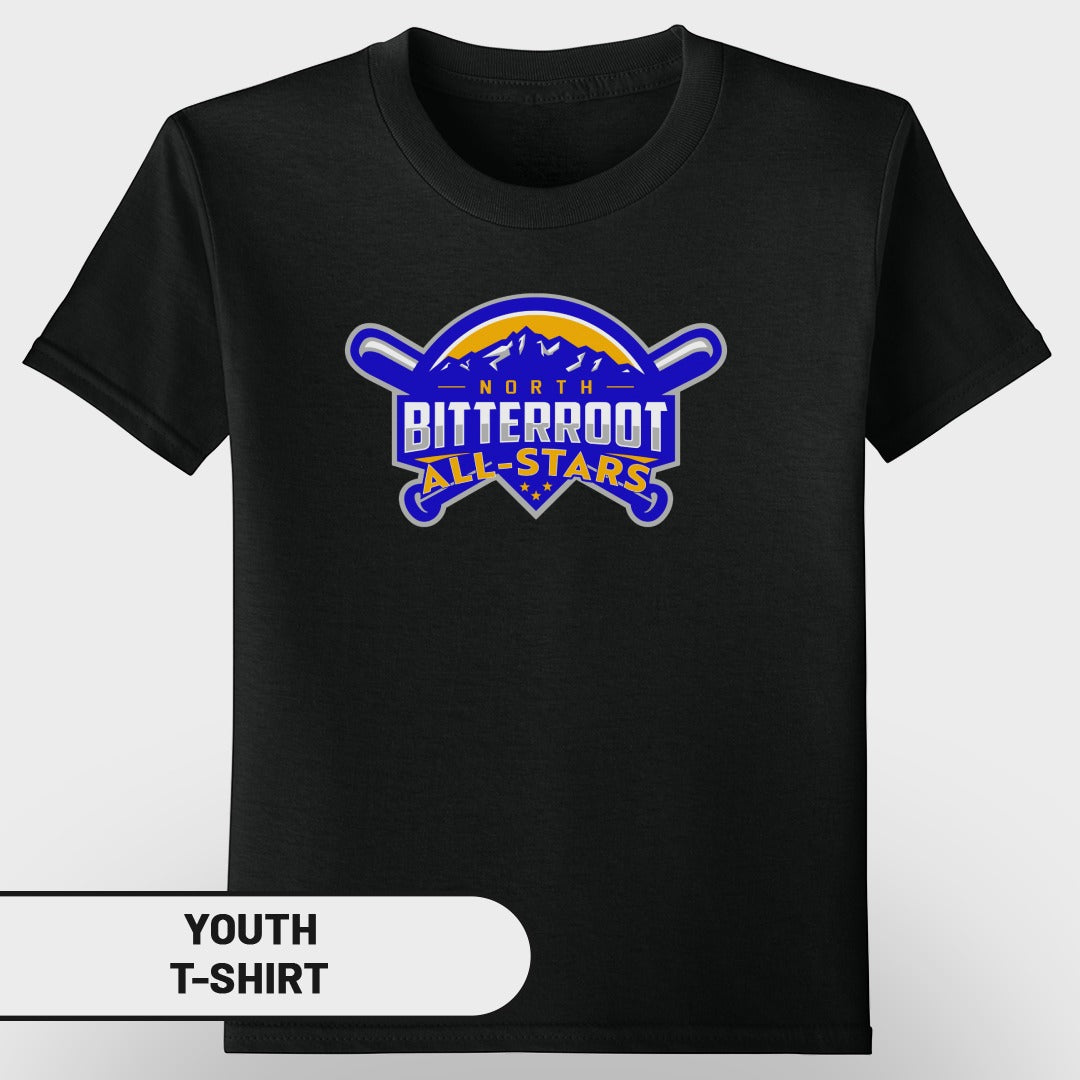 Black youth t-shirt with "NORTH BITTERROOT ALL-STARS" logo.