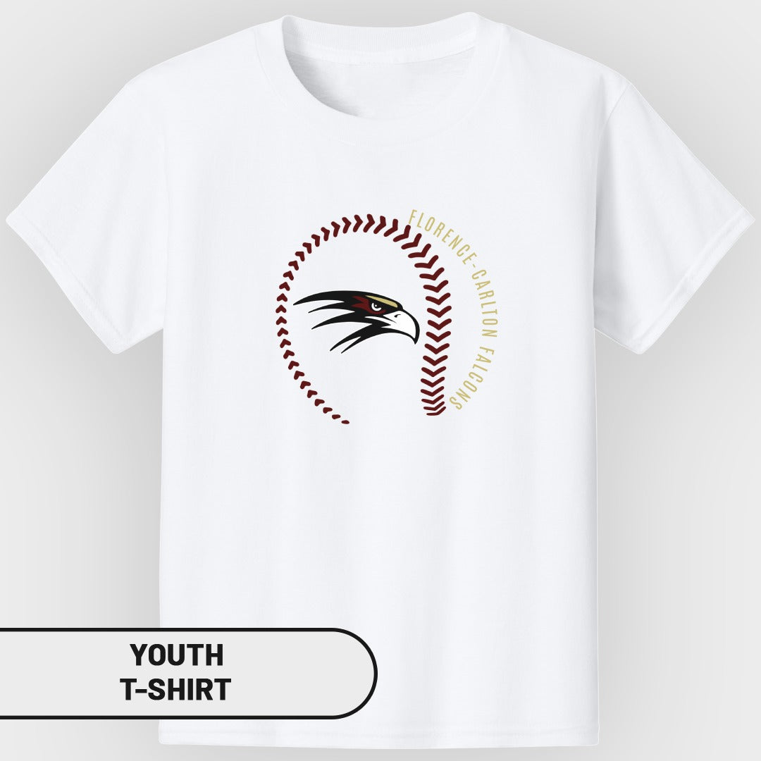 White youth t-shirt with Florence Carlton Falcons eagle and baseball stitching logo.