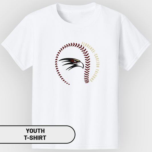 White youth t-shirt with Florence Carlton Falcons eagle and baseball stitching logo.