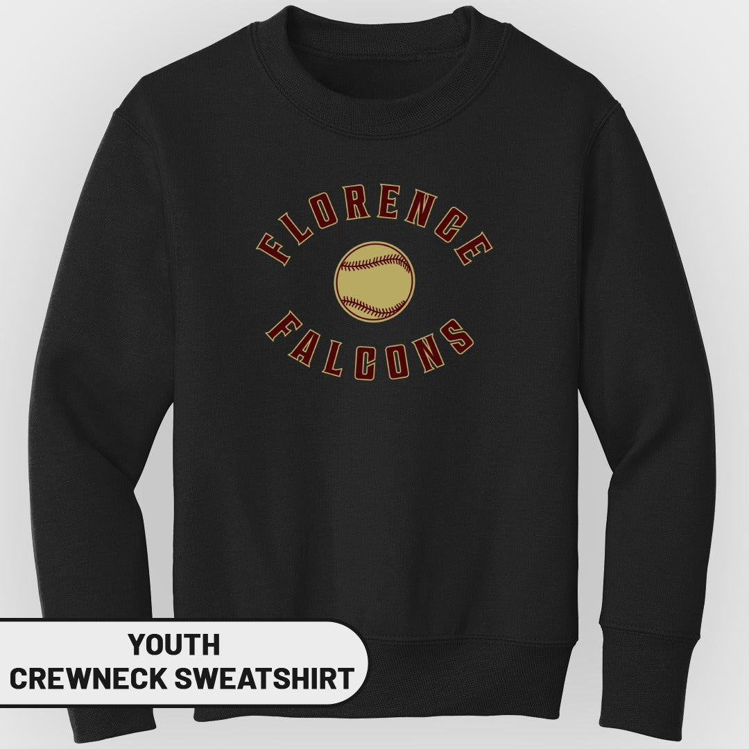 Black youth crewneck sweatshirt with "Florence Falcons" baseball graphic.