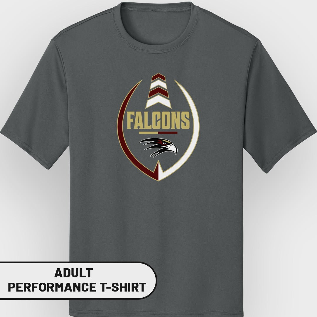 Gray adult performance t-shirt with Falcons logo featuring a hawk.