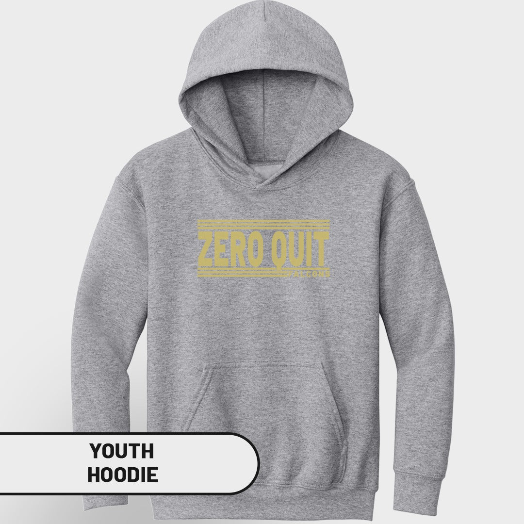 Gray youth hoodie with yellow "ZERO QUIT" text across the chest.