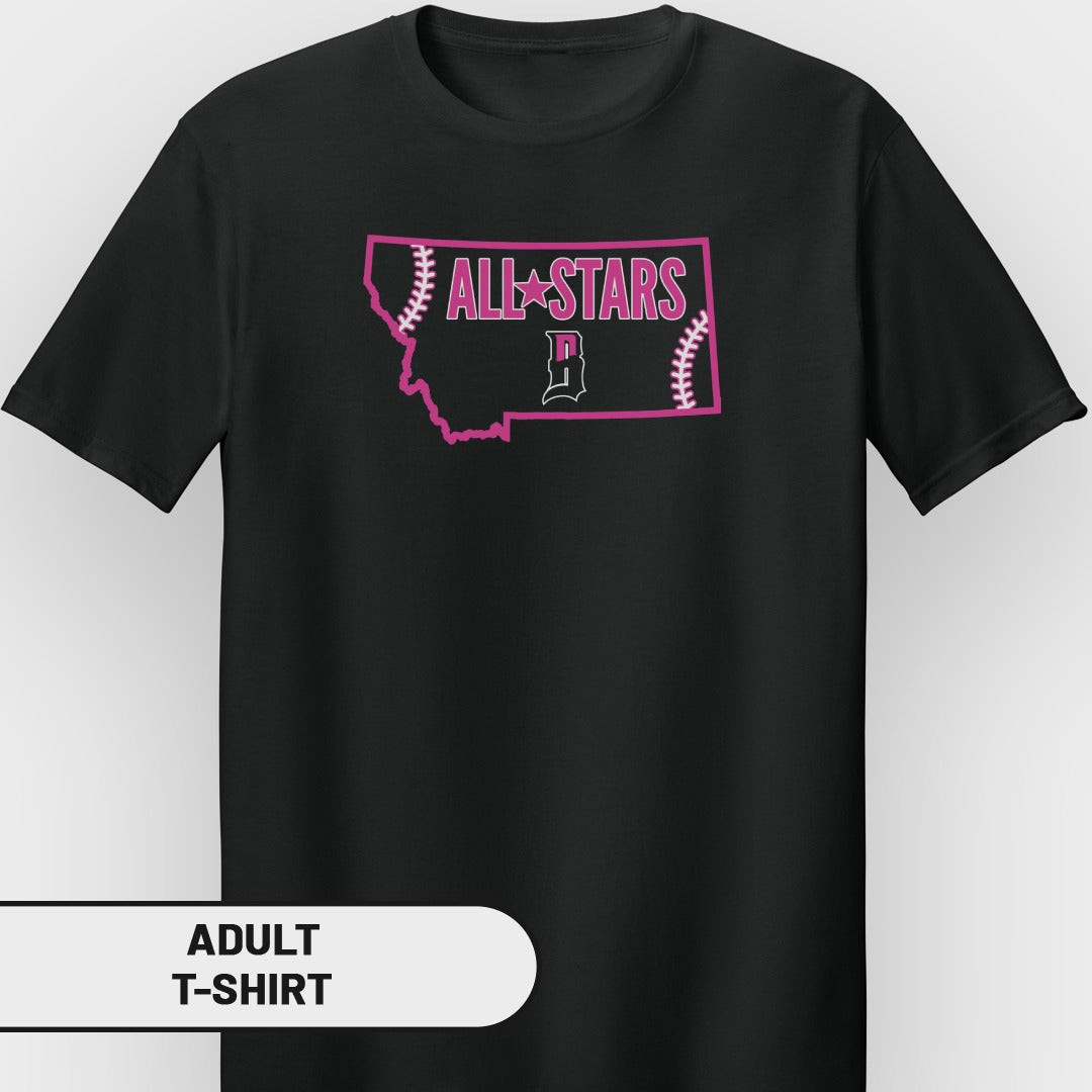Black t-shirt with "All-Stars" and Montana outline logo.