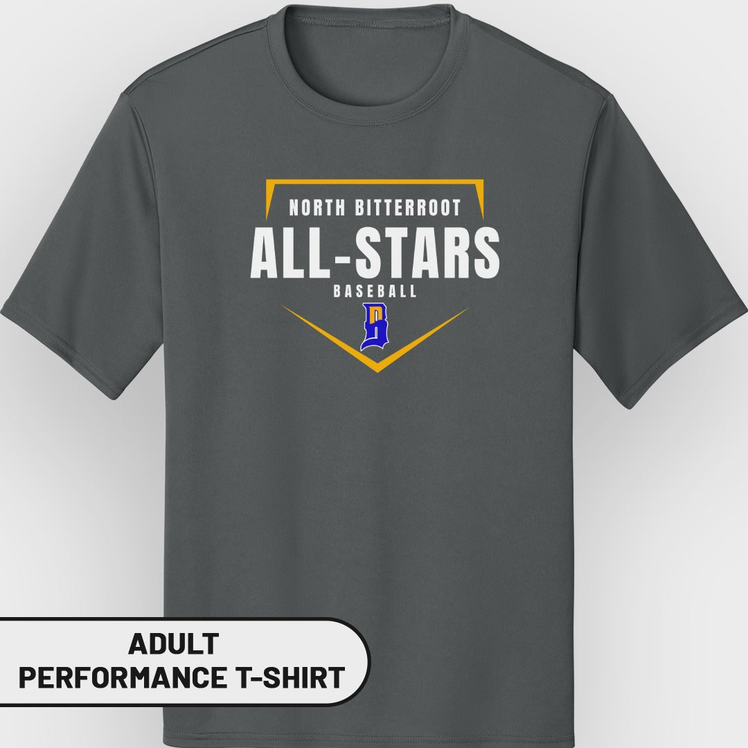 Dark gray adult performance t-shirt with "North Bitterroot All-Stars Baseball" text and logo.