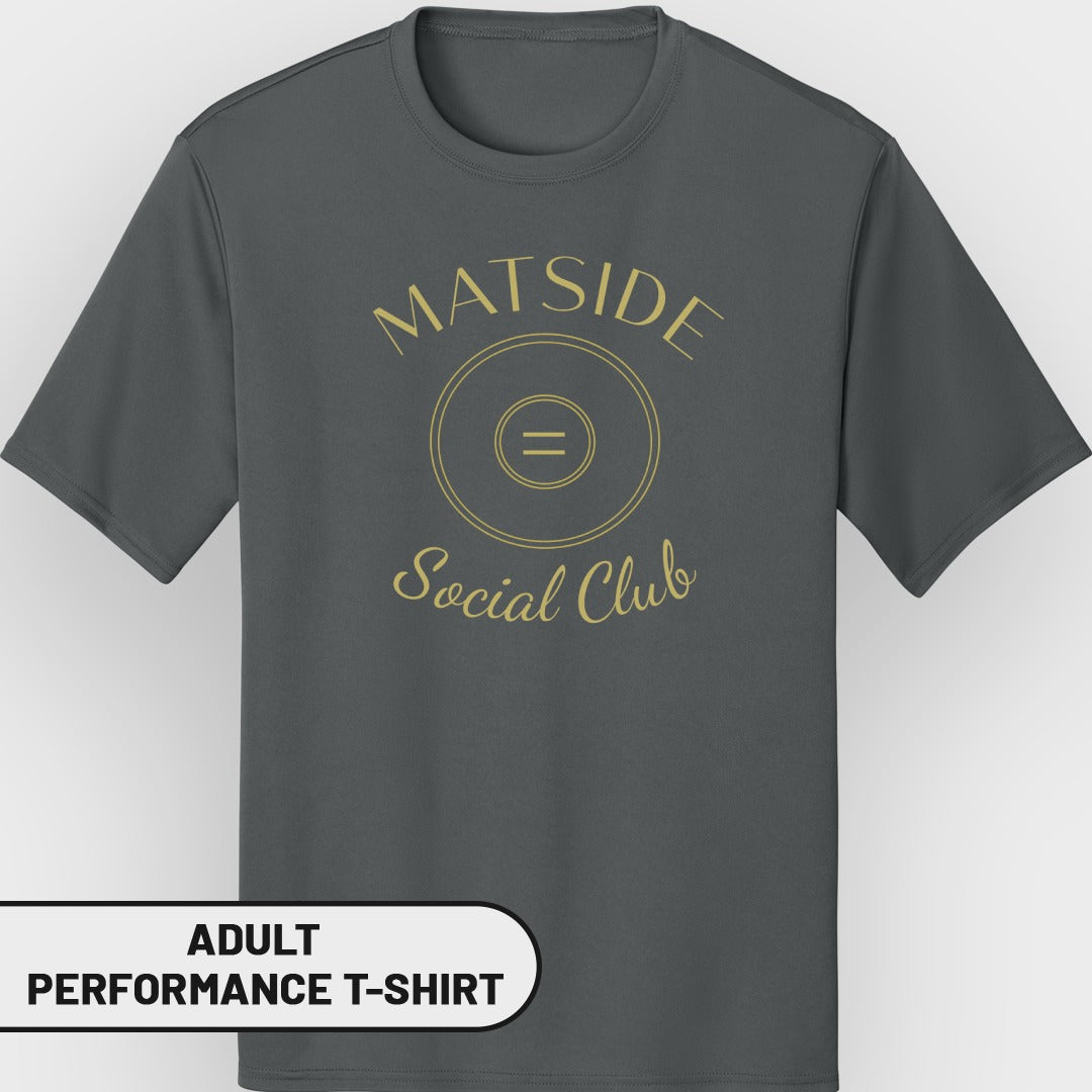 Grey adult performance t-shirt with "MATSIDE Social Club" text and wrestling graphic.