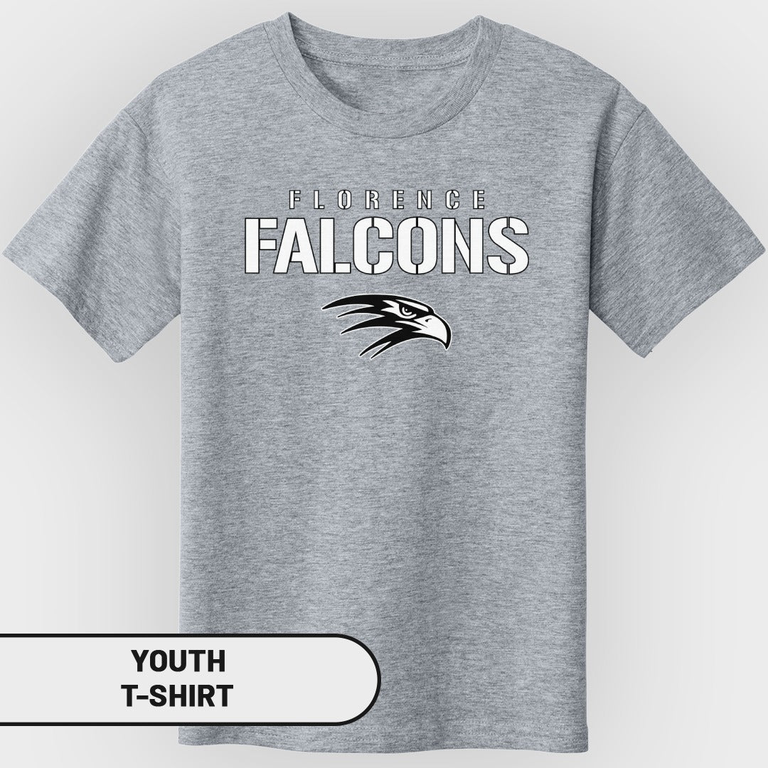 Grey youth t-shirt with "Florence Falcons" text and a falcon graphic.