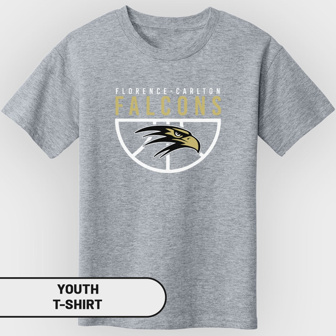 Gray youth t-shirt with Florence-Carlton Falcons basketball logo.