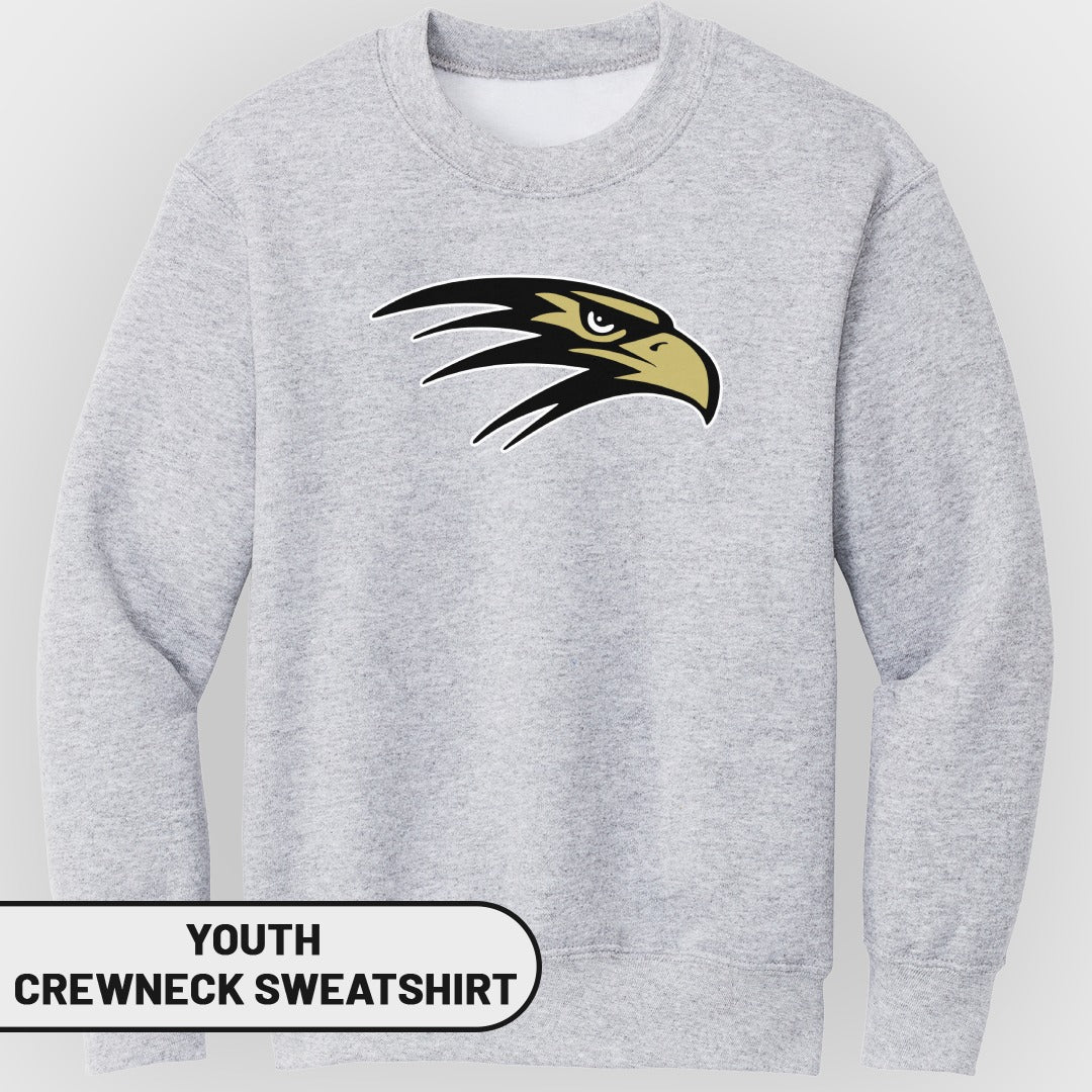 Light gray youth crewneck sweatshirt with a black and gold eagle head logo.