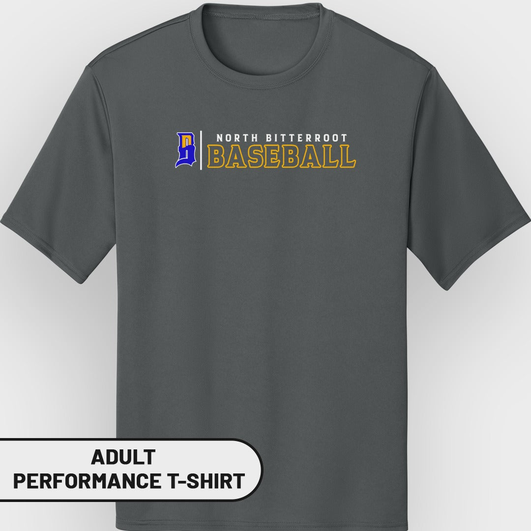 Dark gray t-shirt with "North Bitterroot Baseball" text and logo.