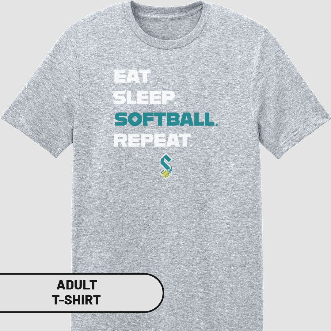 Adult heather grey t-shirt with "Eat Sleep Softball Repeat" text and logo.
