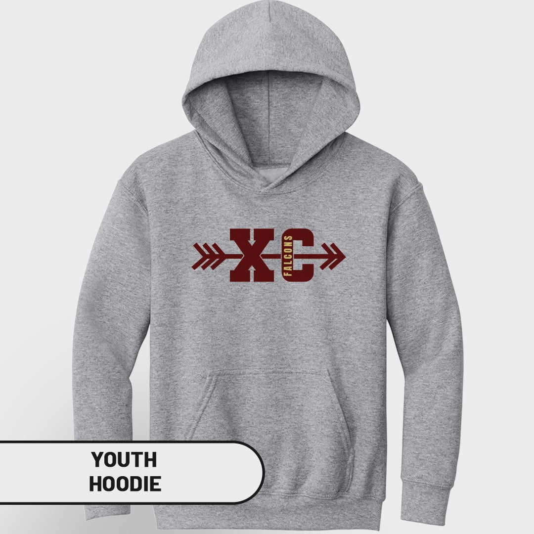 Grey youth hoodie with maroon XC and Falcons text graphic.